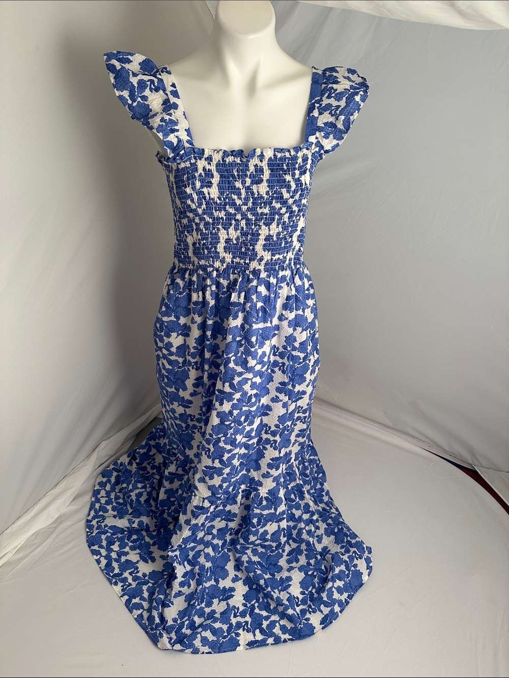THML blue and white floral smocked maxi dress S